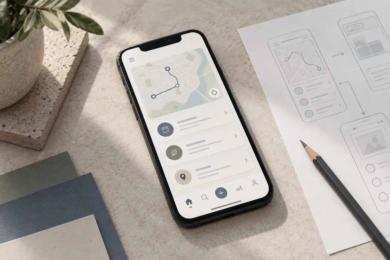 Mobile application prototype beside interface sketches and color swatches