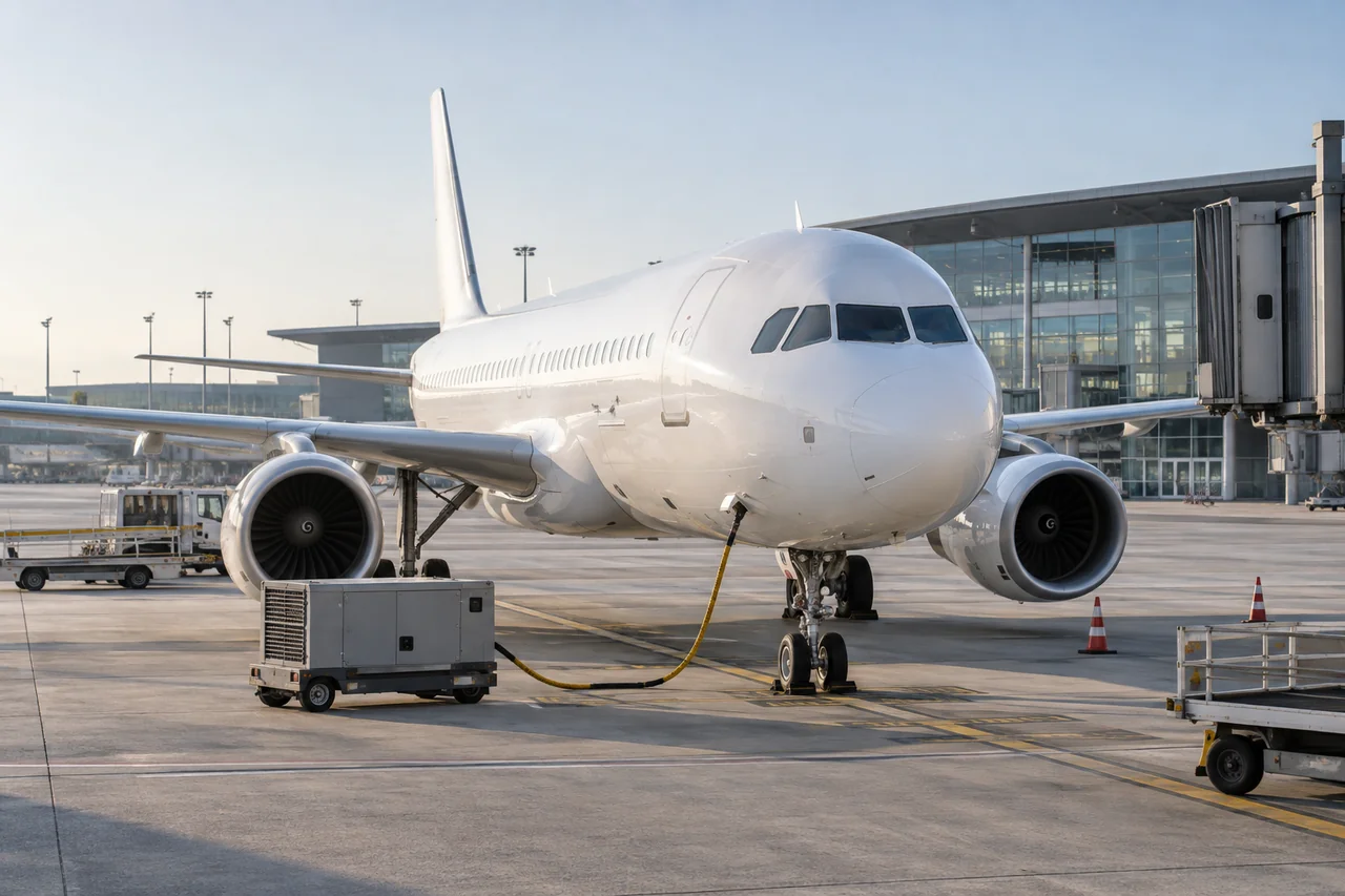 Passenger aircraft on an airport apron with ground-service equipment