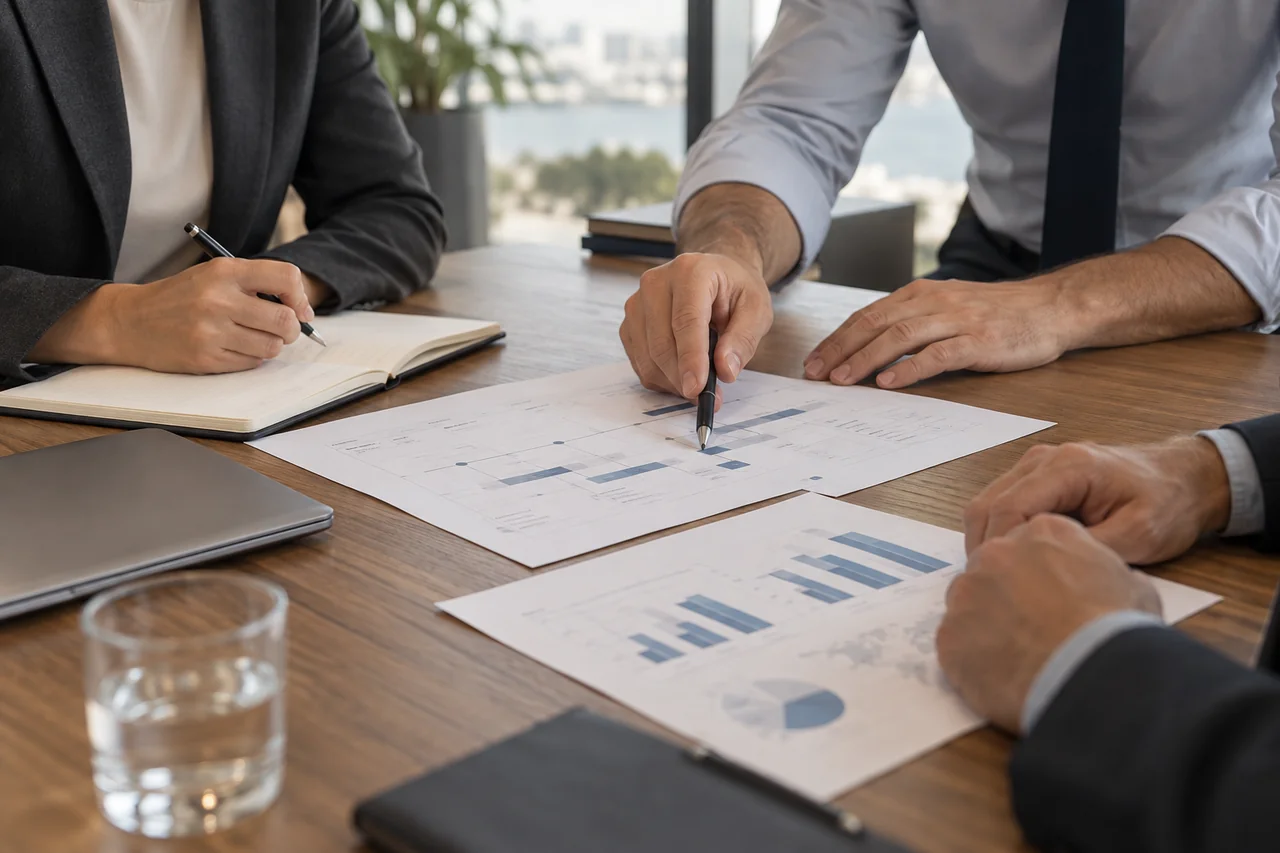 Business professionals reviewing a project roadmap together
