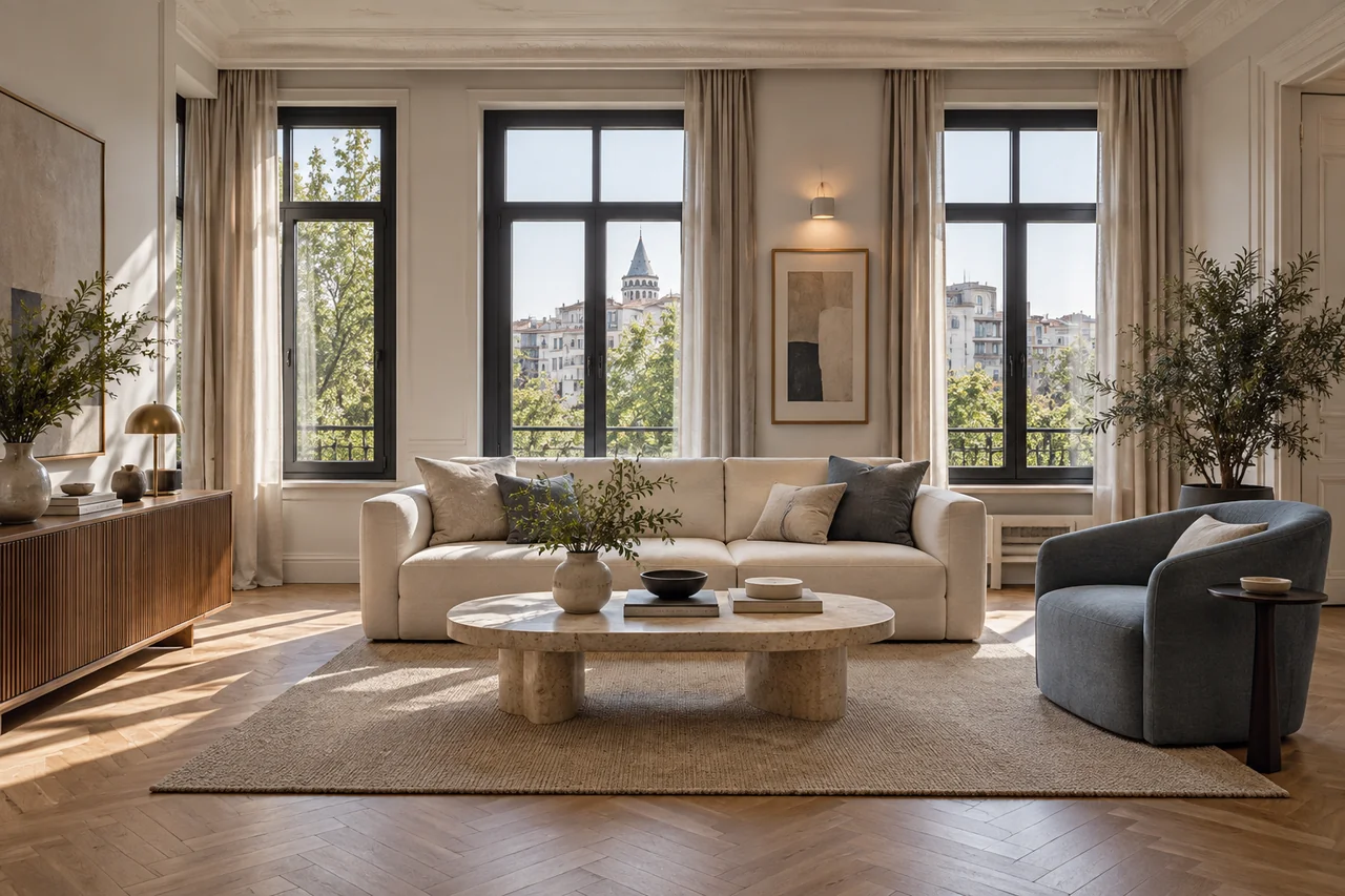 Renovated apartment with natural oak flooring and a bright contemporary living room