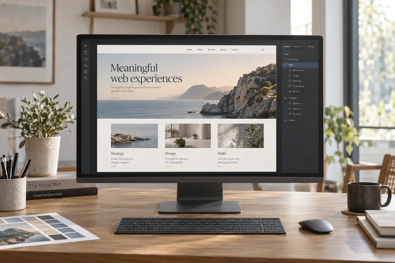 Desktop monitor displaying a visual website design in a creative workspace