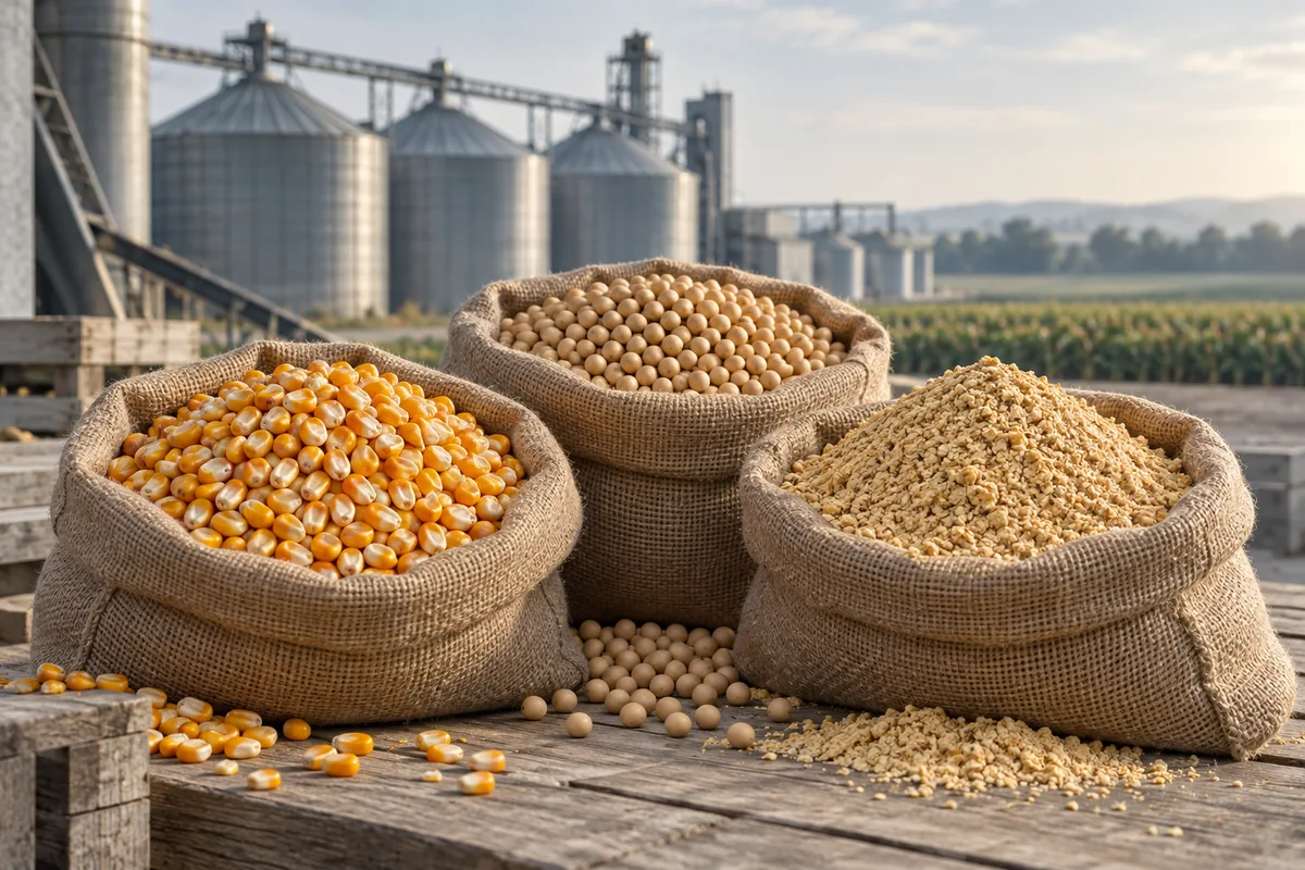 Illustrative maize, soybeans and soybean meal beside grain silos
