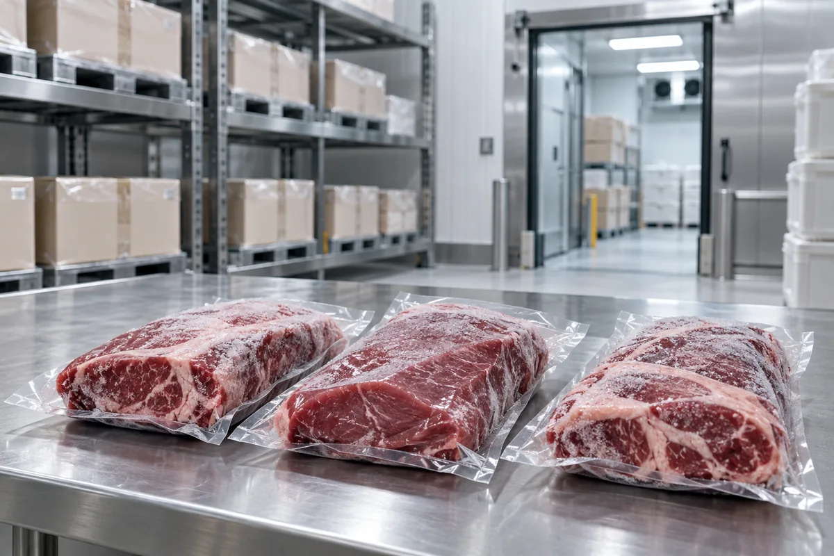 Illustrative sealed frozen beef packages in a refrigerated logistics facility