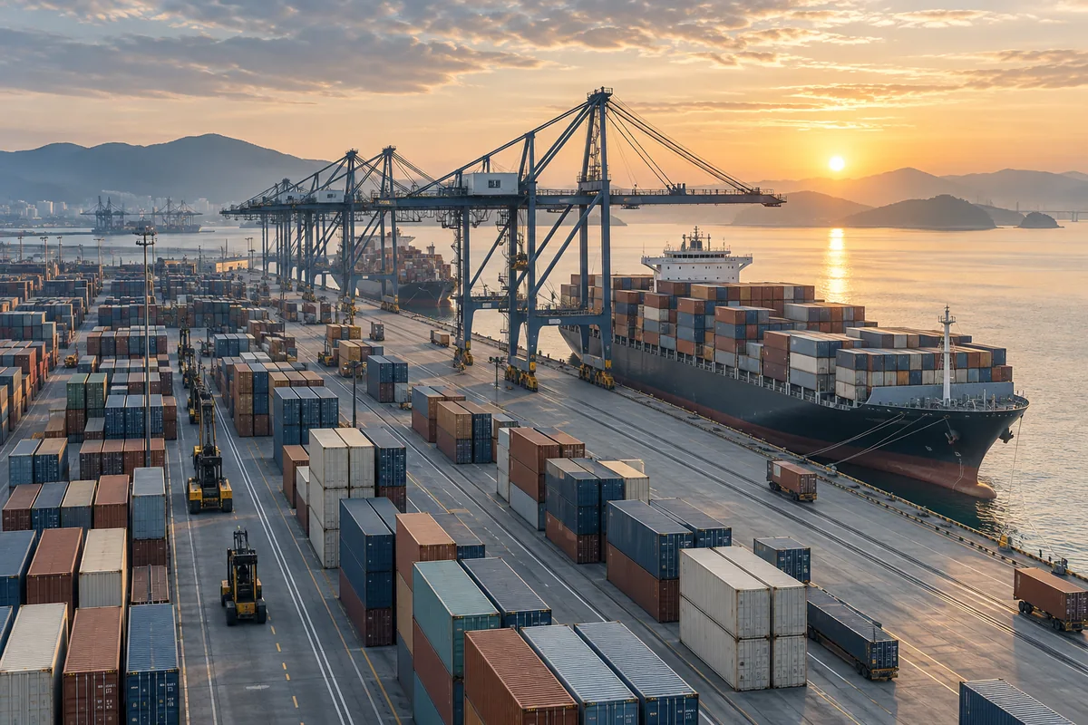 Illustrative container port and cargo ship in soft morning light